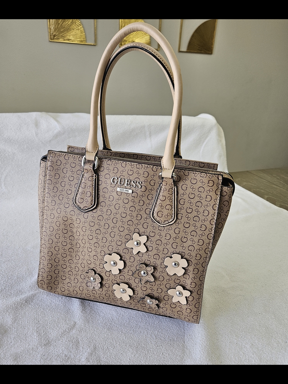 GUESS G Logo Handbag Brown-Tan With Flower Detail